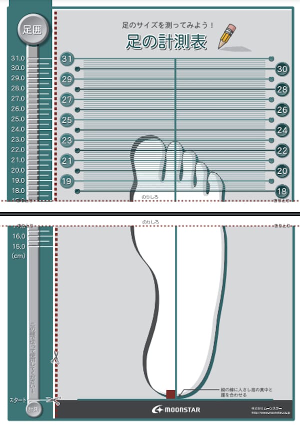 ムーンスターの足サイズ計測用紙
